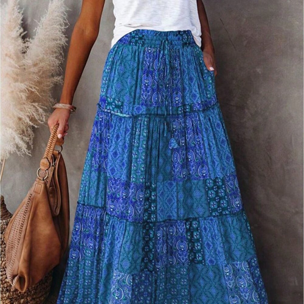 Dark Blue Boho Women's Elastic High Waist A-Line Tiered Long Skirt with Pockets